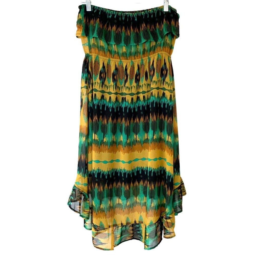 Forever 21 Off Shoulder Dress Tribal Print Sheer Lined on Bottom Medium High Low